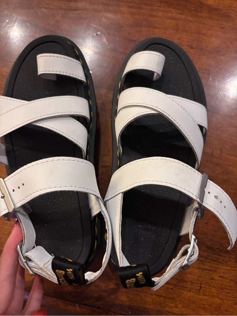 Dr. Martens White Leather Triple-Strap Buckle Sandals with Black Footbed